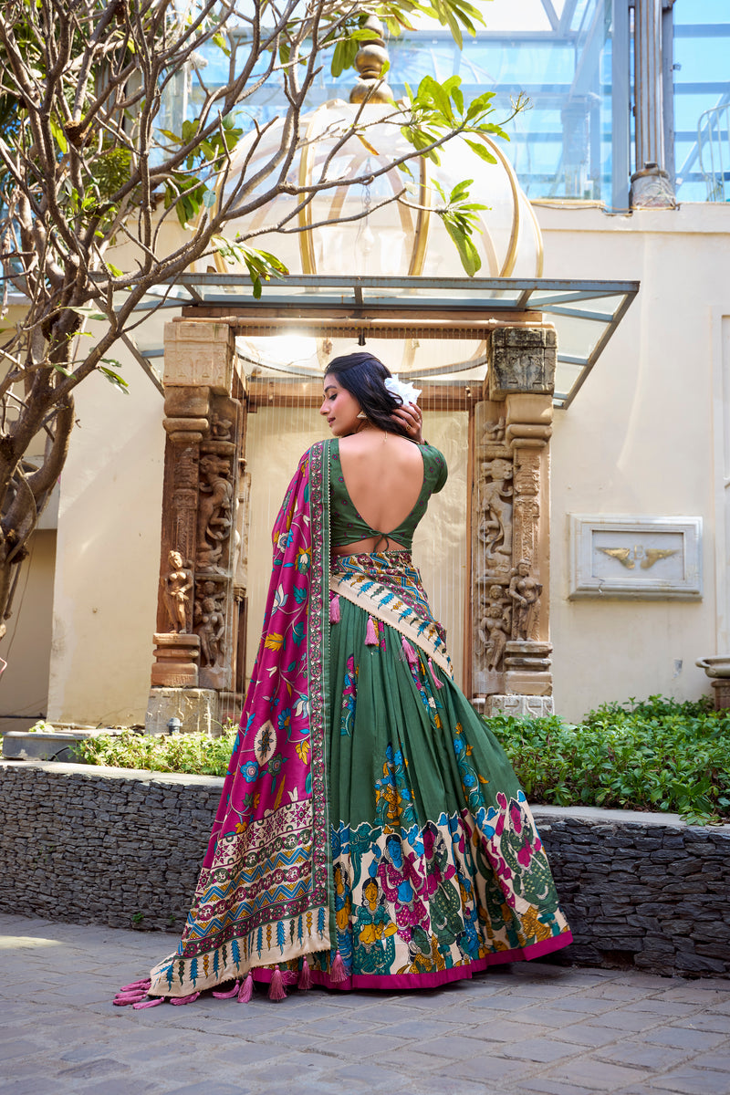 Doli - Tussar Silk Kalamkari with Foil Work Mehndi Lehenga Choli Set - JMS Studio