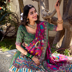 Doli - Tussar Silk Kalamkari with Foil Work Mehndi Lehenga Choli Set - JMS Studio