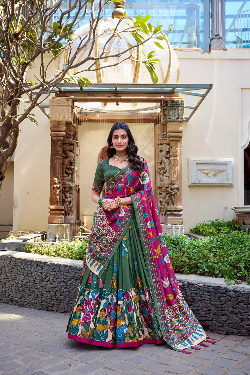 Doli - Tussar Silk Kalamkari with Foil Work Mehndi Lehenga Choli Set - JMS Studio