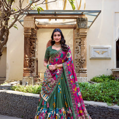 Doli - Tussar Silk Kalamkari with Foil Work Mehndi Lehenga Choli Set - JMS Studio