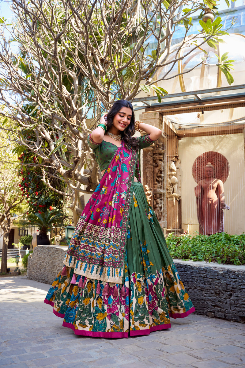Doli - Tussar Silk Kalamkari with Foil Work Mehndi Lehenga Choli Set - JMS Studio