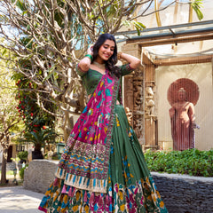 Doli - Tussar Silk Kalamkari with Foil Work Mehndi Lehenga Choli Set - JMS Studio