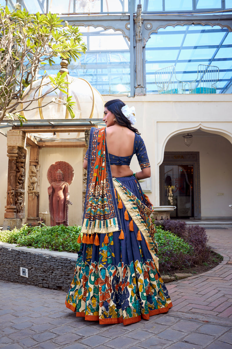 Doli - Tussar Silk Kalamkari with Foil Work Navy Blue Lehenga Choli Set - JMS Studio