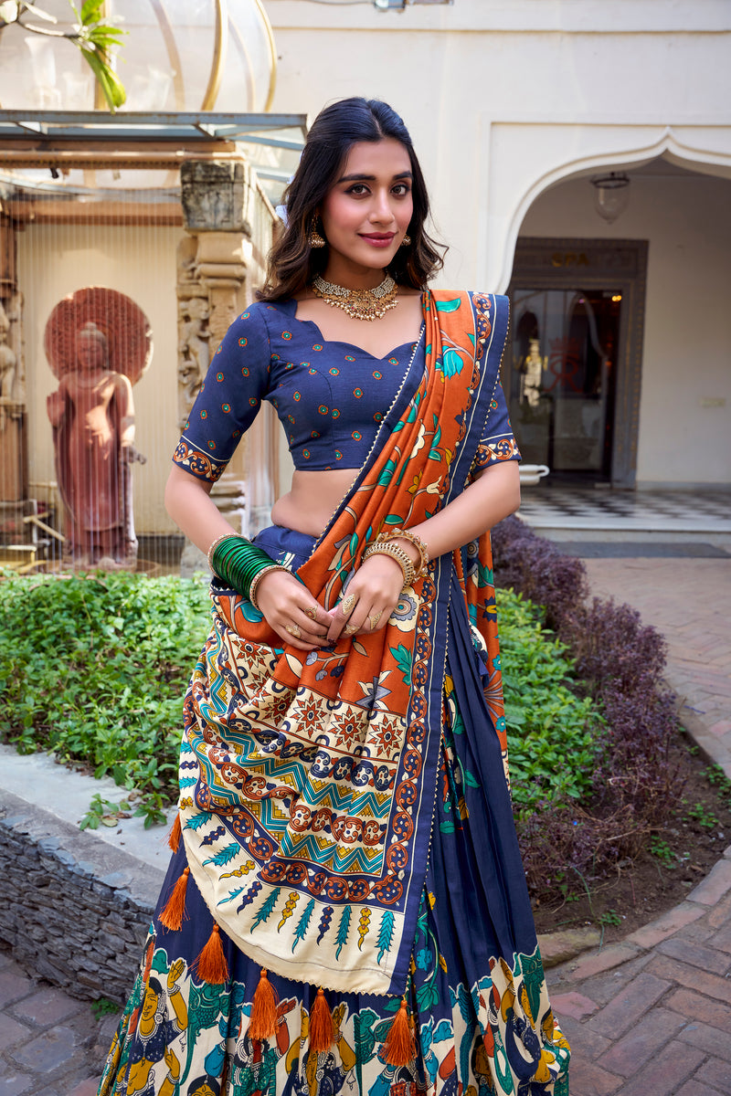 Doli - Tussar Silk Kalamkari with Foil Work Navy Blue Lehenga Choli Set - JMS Studio