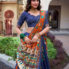 Doli - Tussar Silk Kalamkari with Foil Work Navy Blue Lehenga Choli Set - JMS Studio