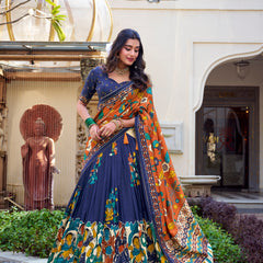 Doli - Tussar Silk Kalamkari with Foil Work Navy Blue Lehenga Choli Set - JMS Studio