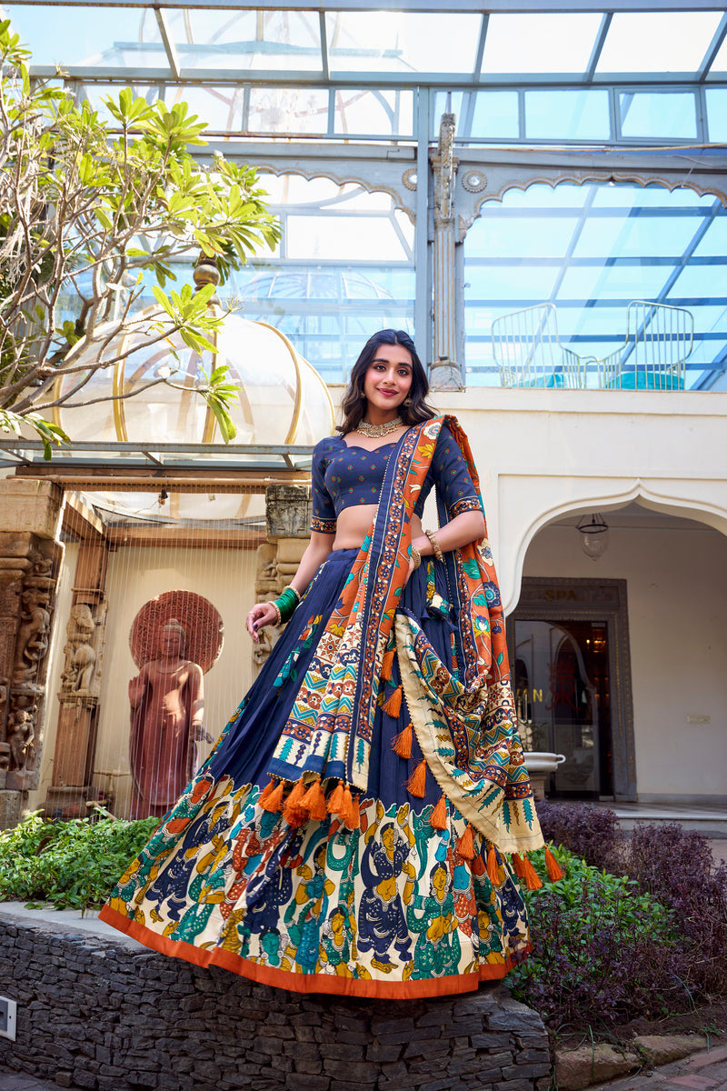 Doli - Tussar Silk Kalamkari with Foil Work Navy Blue Lehenga Choli Set - JMS Studio
