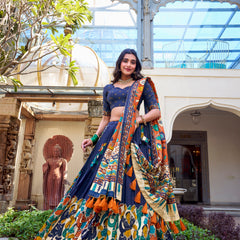 Doli - Tussar Silk Kalamkari with Foil Work Navy Blue Lehenga Choli Set - JMS Studio