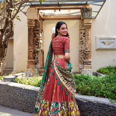 Doli - Tussar Silk Kalamkari with Foil Work Salmon Lehenga Choli Set - JMS Studio