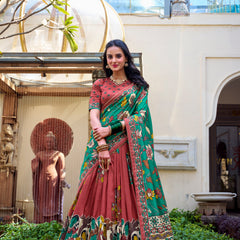 Doli - Tussar Silk Kalamkari with Foil Work Salmon Lehenga Choli Set - JMS Studio