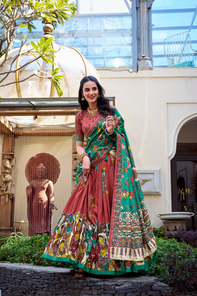 Doli - Tussar Silk Kalamkari with Foil Work Salmon Lehenga Choli Set - JMS Studio