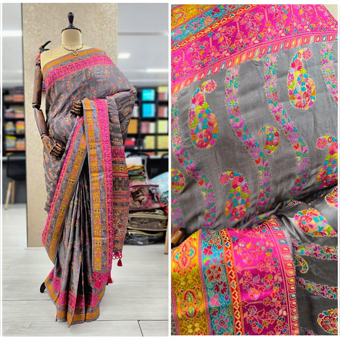JMS_Studio Pashmina Viscose Silk Saree Featuring Placement Prints - JMS Studio