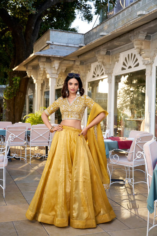 Doli - Gold Sequins and Thread Embroidery Work Mustard Lehenga Choli - JMS Studio