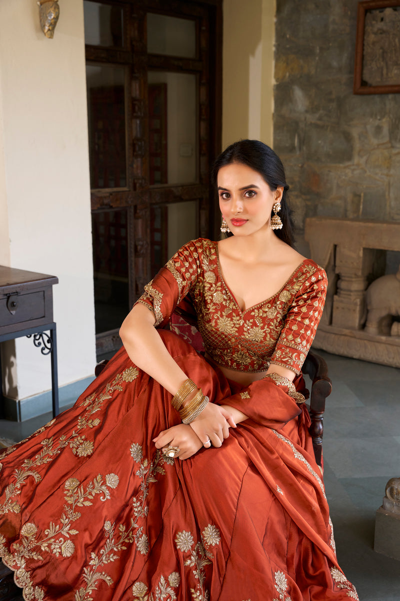 Doli - Rangoli Silk Sequins and Thread Embroidery Work Orange Lehenga Choli - JMS Studio