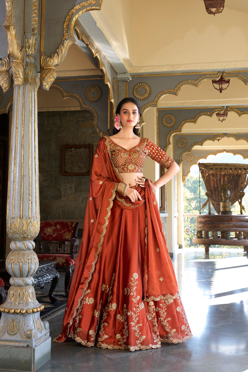Doli - Rangoli Silk Sequins and Thread Embroidery Work Orange Lehenga Choli - JMS Studio