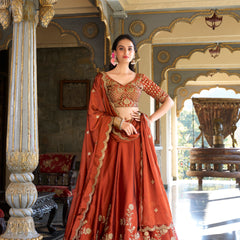 Doli - Rangoli Silk Sequins and Thread Embroidery Work Orange Lehenga Choli - JMS Studio