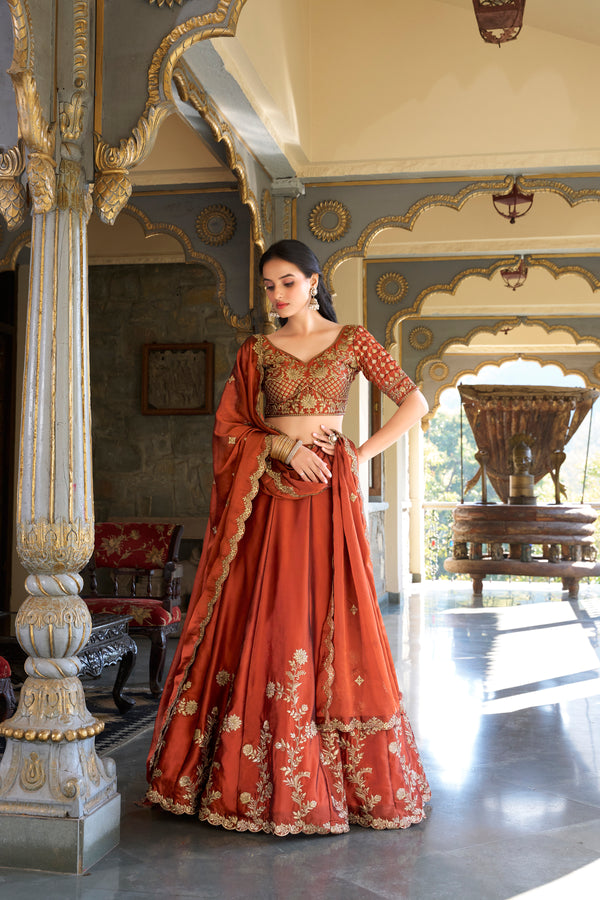 Doli - Rangoli Silk Sequins and Thread Embroidery Work Orange Lehenga Choli - JMS Studio