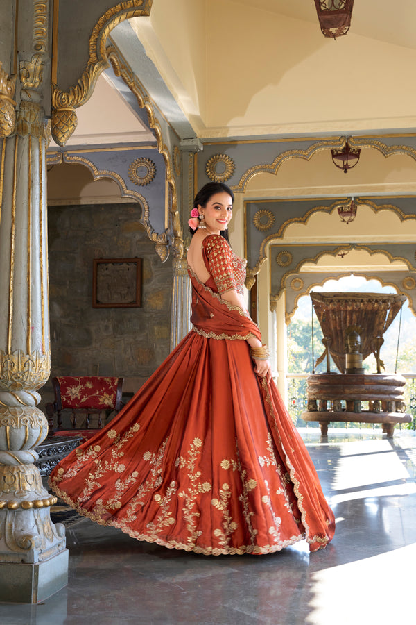 Doli - Rangoli Silk Sequins and Thread Embroidery Work Orange Lehenga Choli - JMS Studio