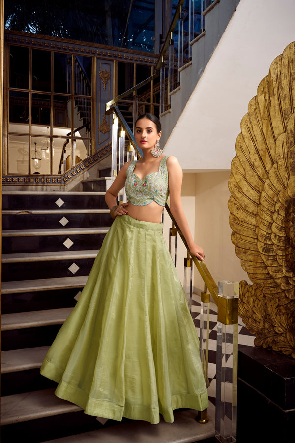 Doli - Sequins and Thread Embroidery with Jarkan Diamond Pista Lehenga Choli - JMS Studio