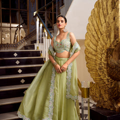 Doli - Sequins and Thread Embroidery with Jarkan Diamond Pista Lehenga Choli - JMS Studio