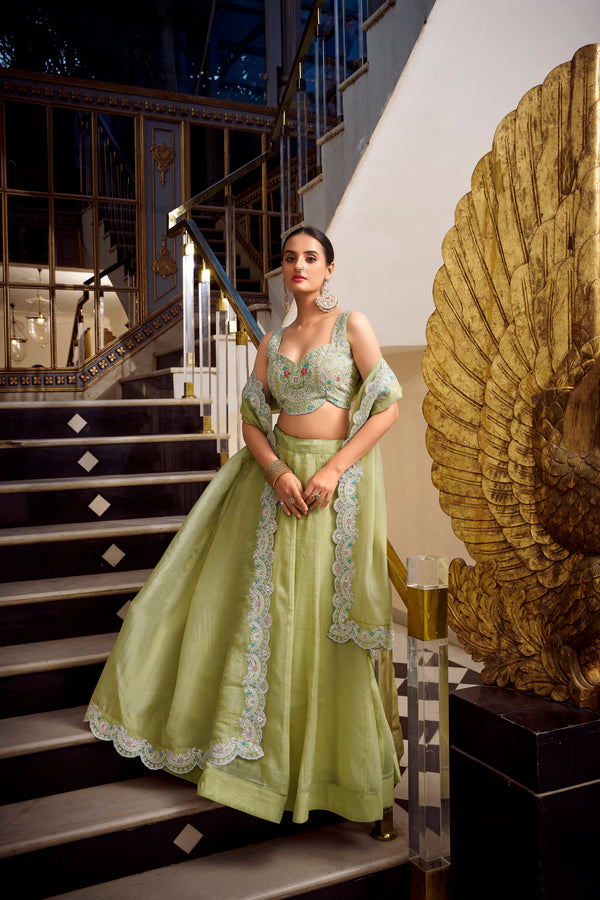 Doli - Sequins and Thread Embroidery with Jarkan Diamond Pista Lehenga Choli - JMS Studio
