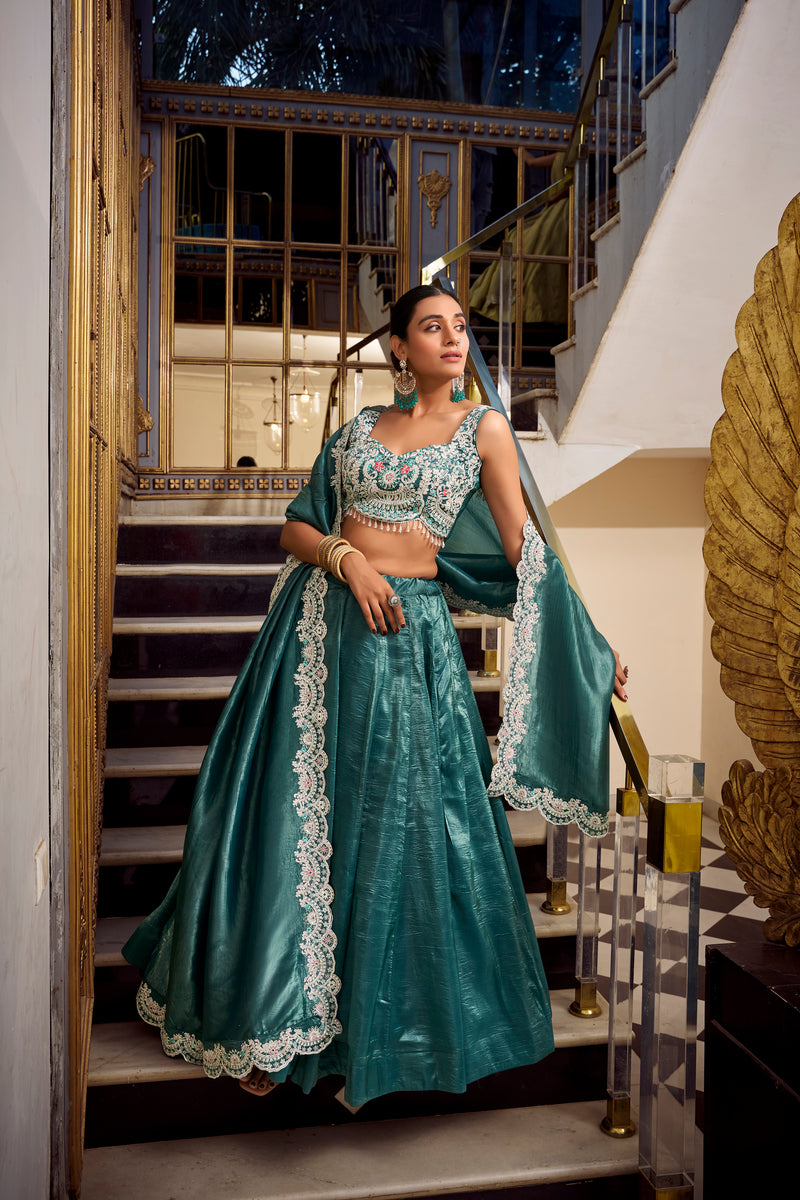 Doli - Sequins and Thread Embroidery with Diamond Teal Lehenga Choli - JMS Studio
