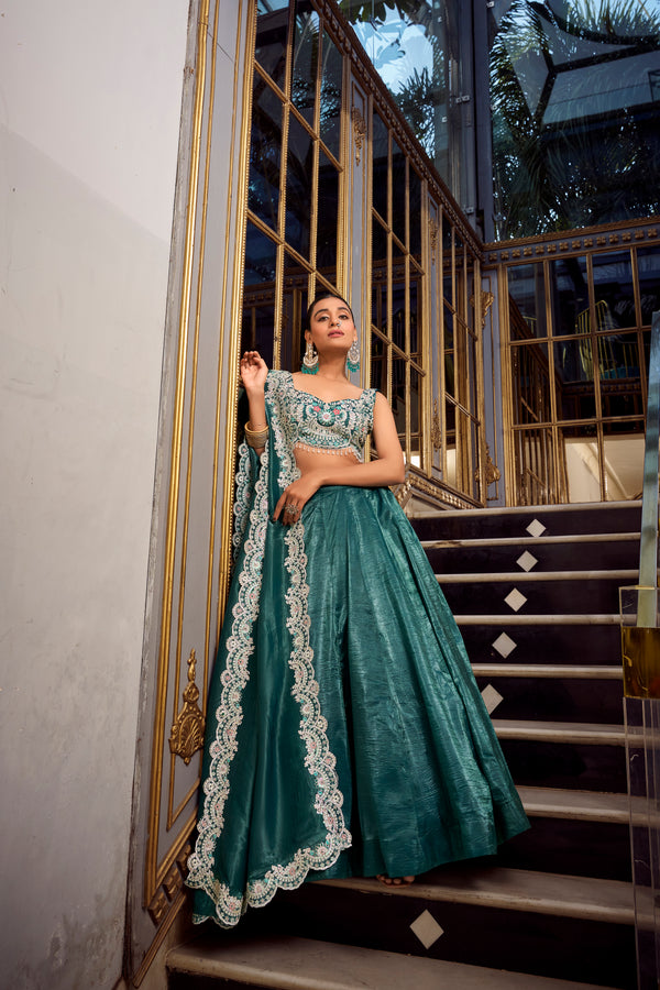 Doli - Sequins and Thread Embroidery with Diamond Teal Lehenga Choli - JMS Studio