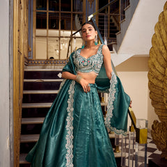 Doli - Sequins and Thread Embroidery with Diamond Teal Lehenga Choli - JMS Studio