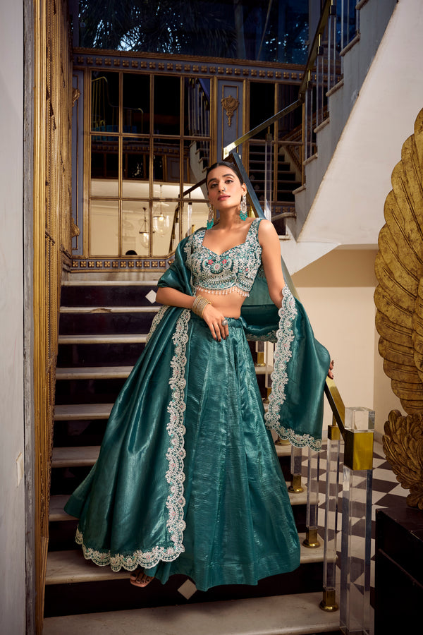 Doli - Sequins and Thread Embroidery with Diamond Teal Lehenga Choli - JMS Studio