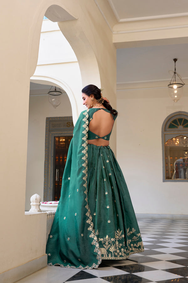 Doli - Gold Crush Sequins and Thread Embroidery Work Teal Lehenga Choli - JMS Studio