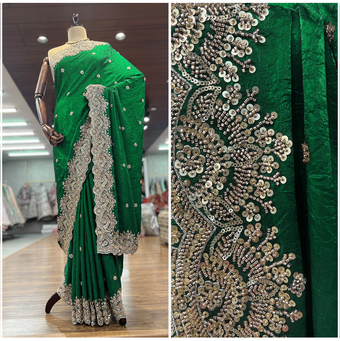 JMS_Studio Boutique Beads & Cutdana Handwork Parrot Green Partywear Saree