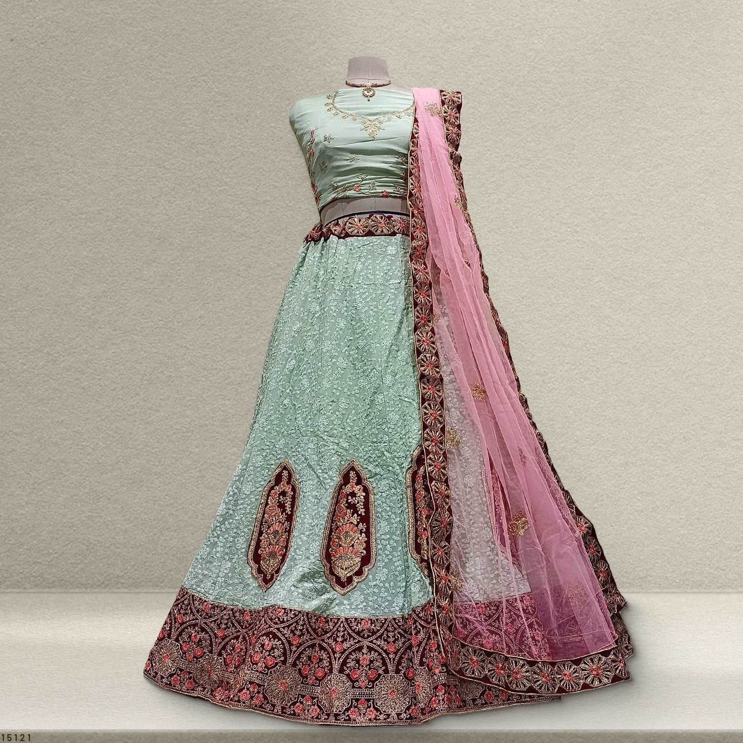 Jodha - Georgette Chikankari Pista Sider Lehenga JMS Studio {{ Royal Red Bridal Lehenga}}