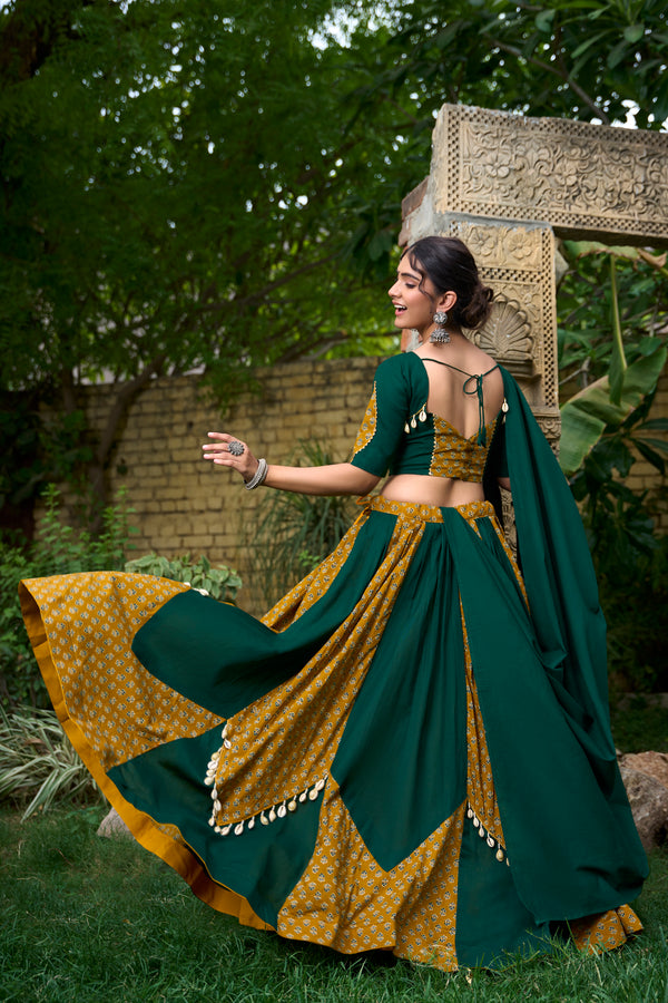 Doli - Pure Cotton Plain and Printed with Cowrie Lace Green Lehenga Choli - JMS Studio