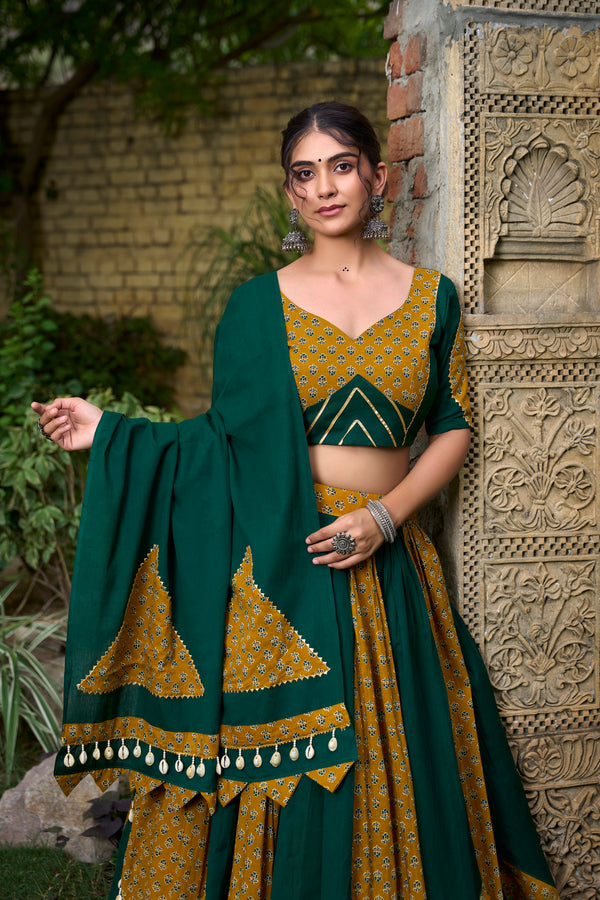 Doli - Pure Cotton Plain and Printed with Cowrie Lace Green Lehenga Choli - JMS Studio