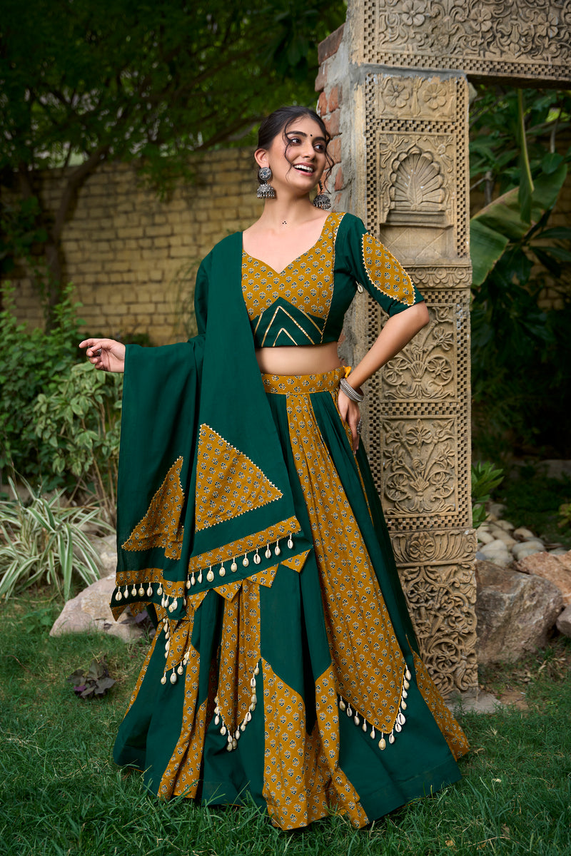 Doli - Pure Cotton Plain and Printed with Cowrie Lace Green Lehenga Choli - JMS Studio