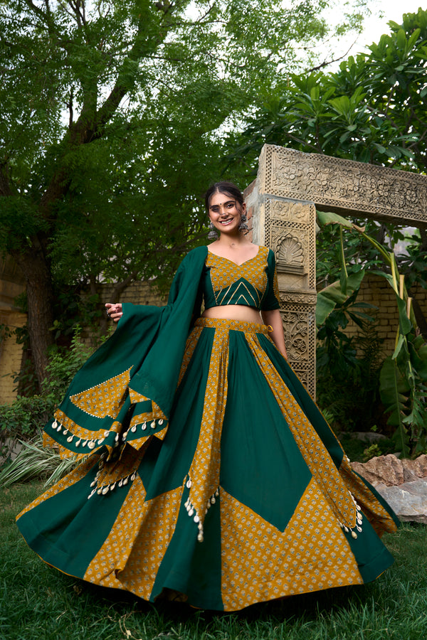 Doli - Pure Cotton Plain and Printed with Cowrie Lace Green Lehenga Choli - JMS Studio