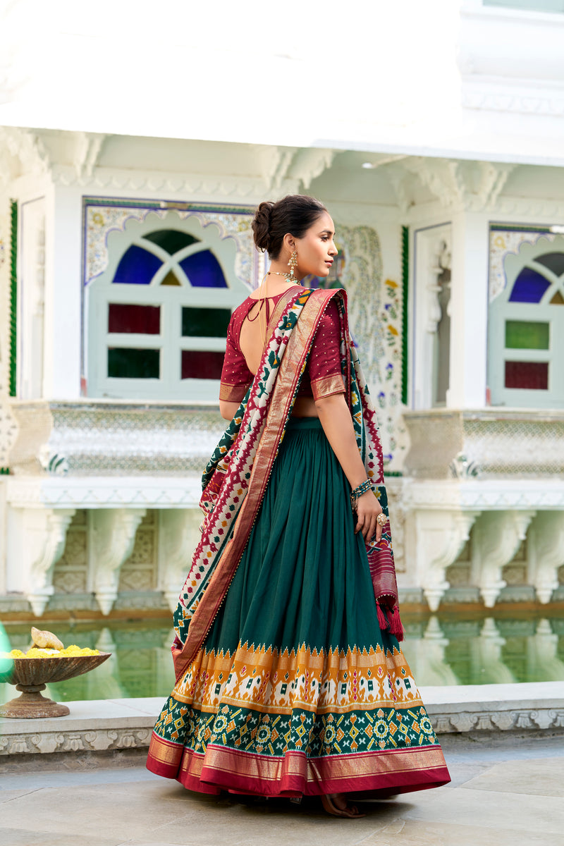 Doli - Tussar Silk Patola Print with Foil Work Green Lehenga Choli Set - JMS Studio