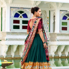 Doli - Tussar Silk Patola Print with Foil Work Green Lehenga Choli Set - JMS Studio