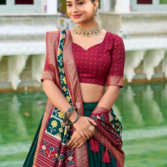 Doli - Tussar Silk Patola Print with Foil Work Green Lehenga Choli Set - JMS Studio