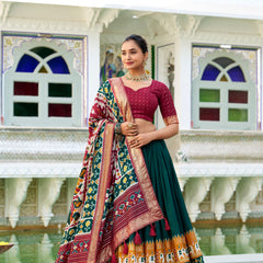 Doli - Tussar Silk Patola Print with Foil Work Green Lehenga Choli Set - JMS Studio
