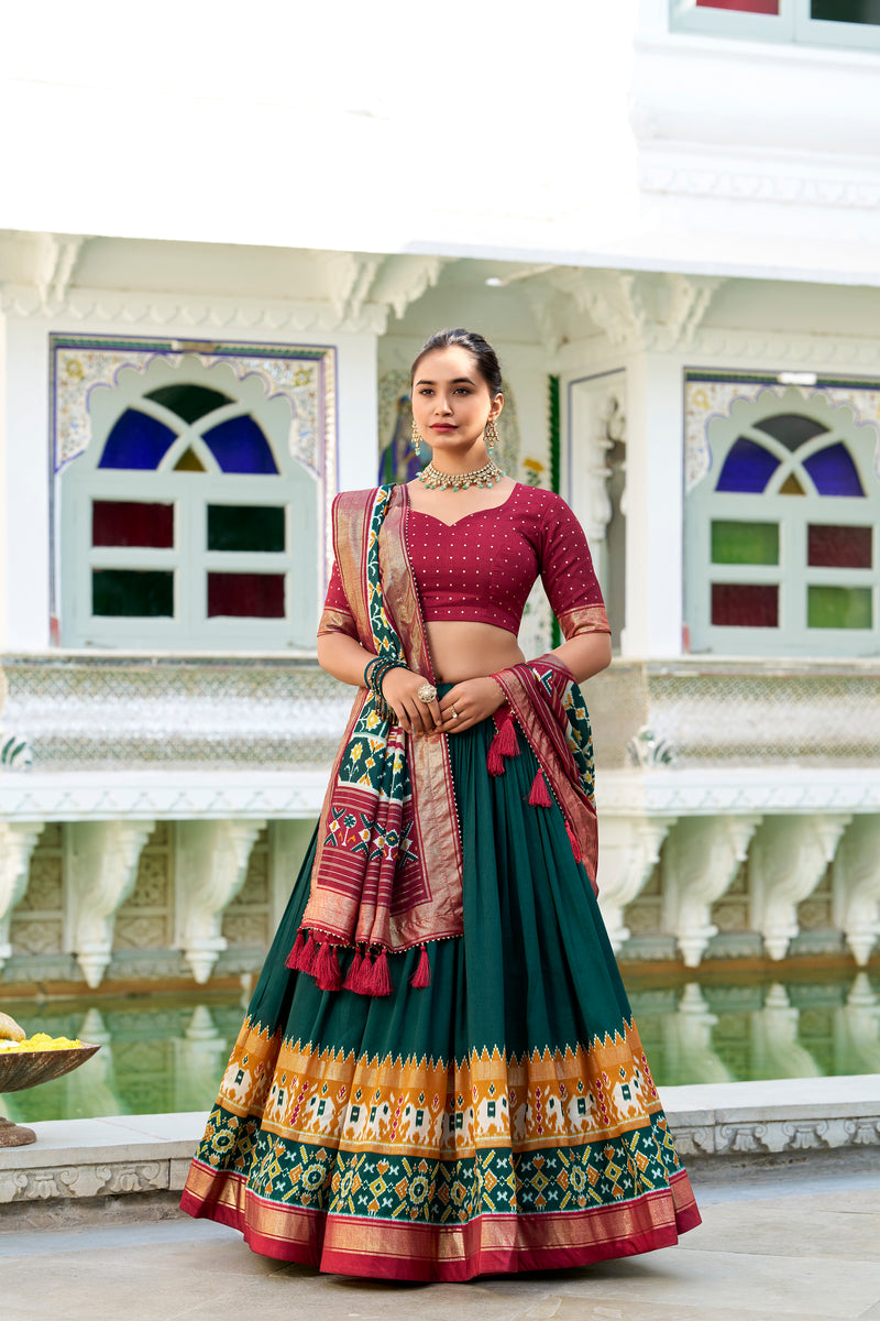 Doli - Tussar Silk Patola Print with Foil Work Green Lehenga Choli Set - JMS Studio