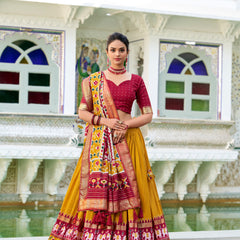Doli - Tussar Silk Patola Print with Foil Work Mustard Lehenga Choli Set - JMS Studio
