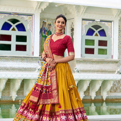 Doli - Tussar Silk Patola Print with Foil Work Mustard Lehenga Choli Set - JMS Studio