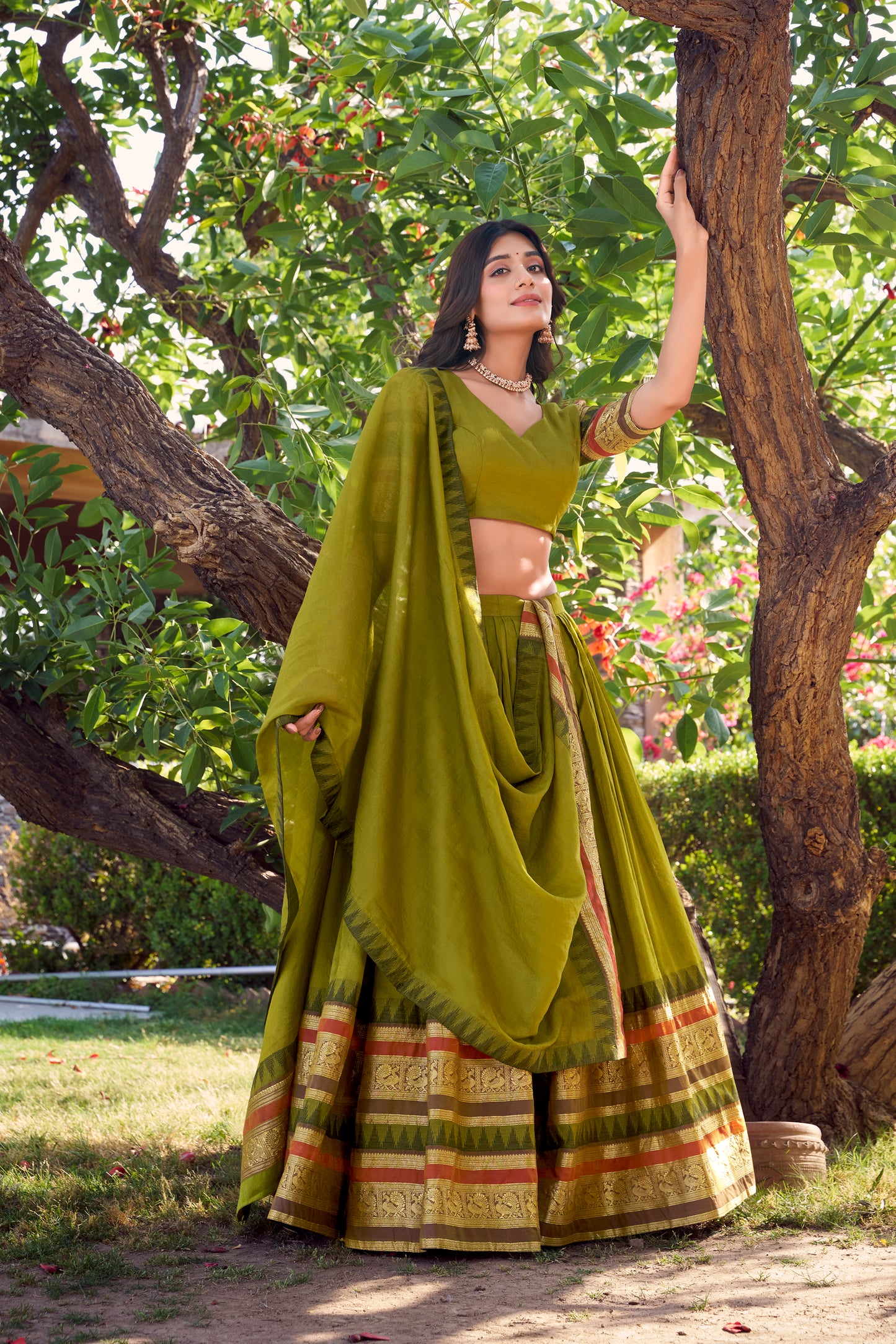 Doli - A Tale of Royalty, Woven in Chanderi and Zari Green Lehenga Choli Set - JMS Studio