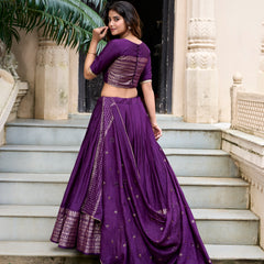 Doli - Plain With Weaving And Intricate Zari Work Border Dark Purple Lehenga Choli - JMS Studio