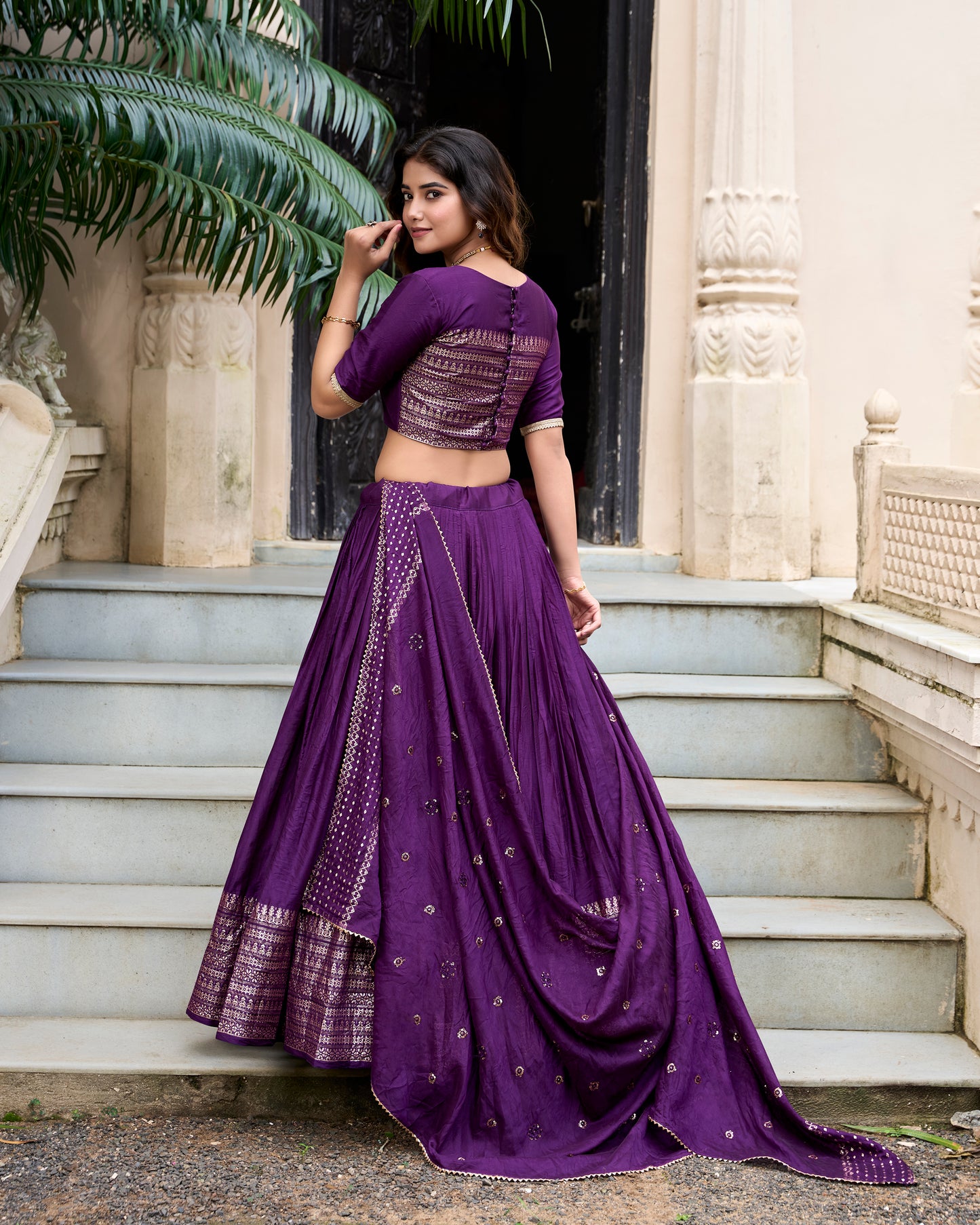 Doli - Plain With Weaving And Intricate Zari Work Border Dark Purple Lehenga Choli - JMS Studio