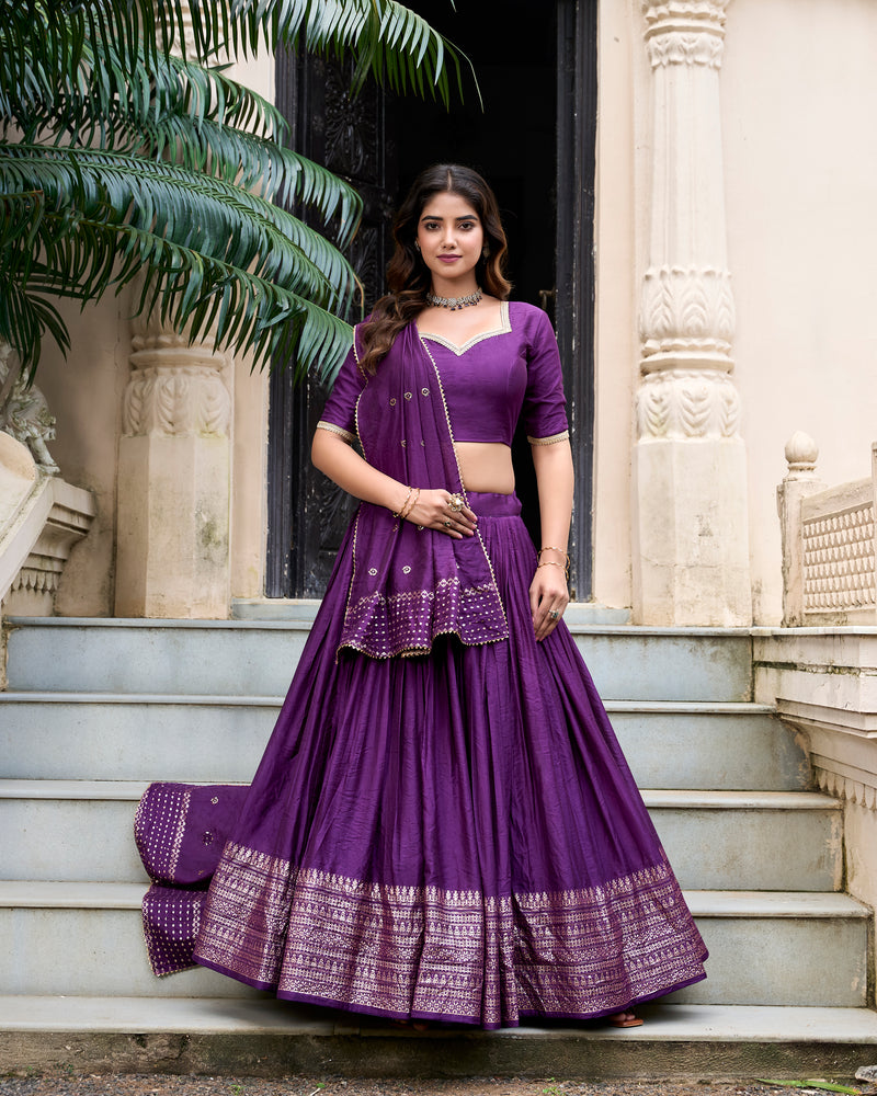 Doli - Plain With Weaving And Intricate Zari Work Border Dark Purple Lehenga Choli - JMS Studio