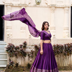 Doli - Plain With Weaving And Intricate Zari Work Border Dark Purple Lehenga Choli - JMS Studio