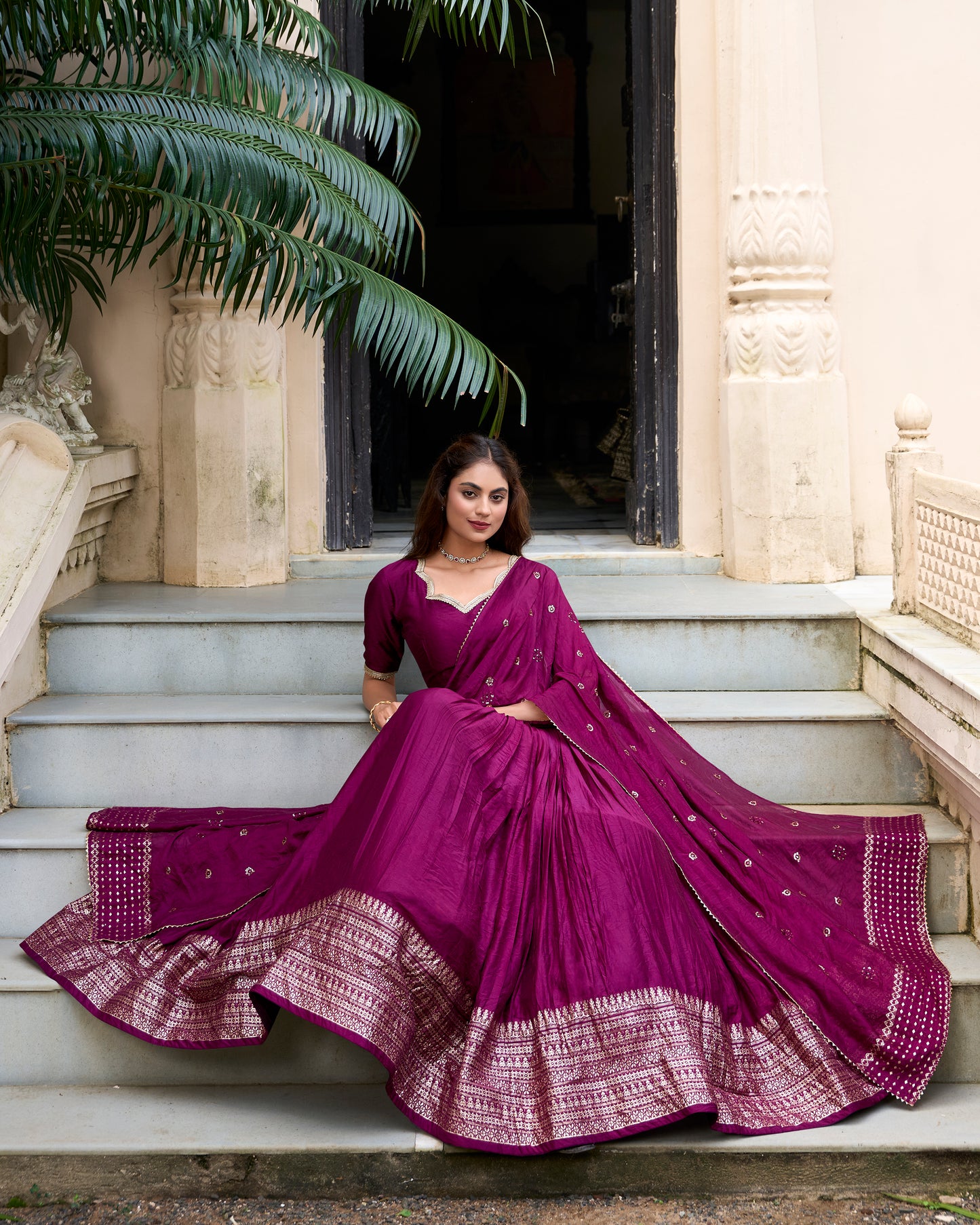 Doli - Plain With Weaving And Intricate Zari Work Border Wine Lehenga Choli - JMS Studio
