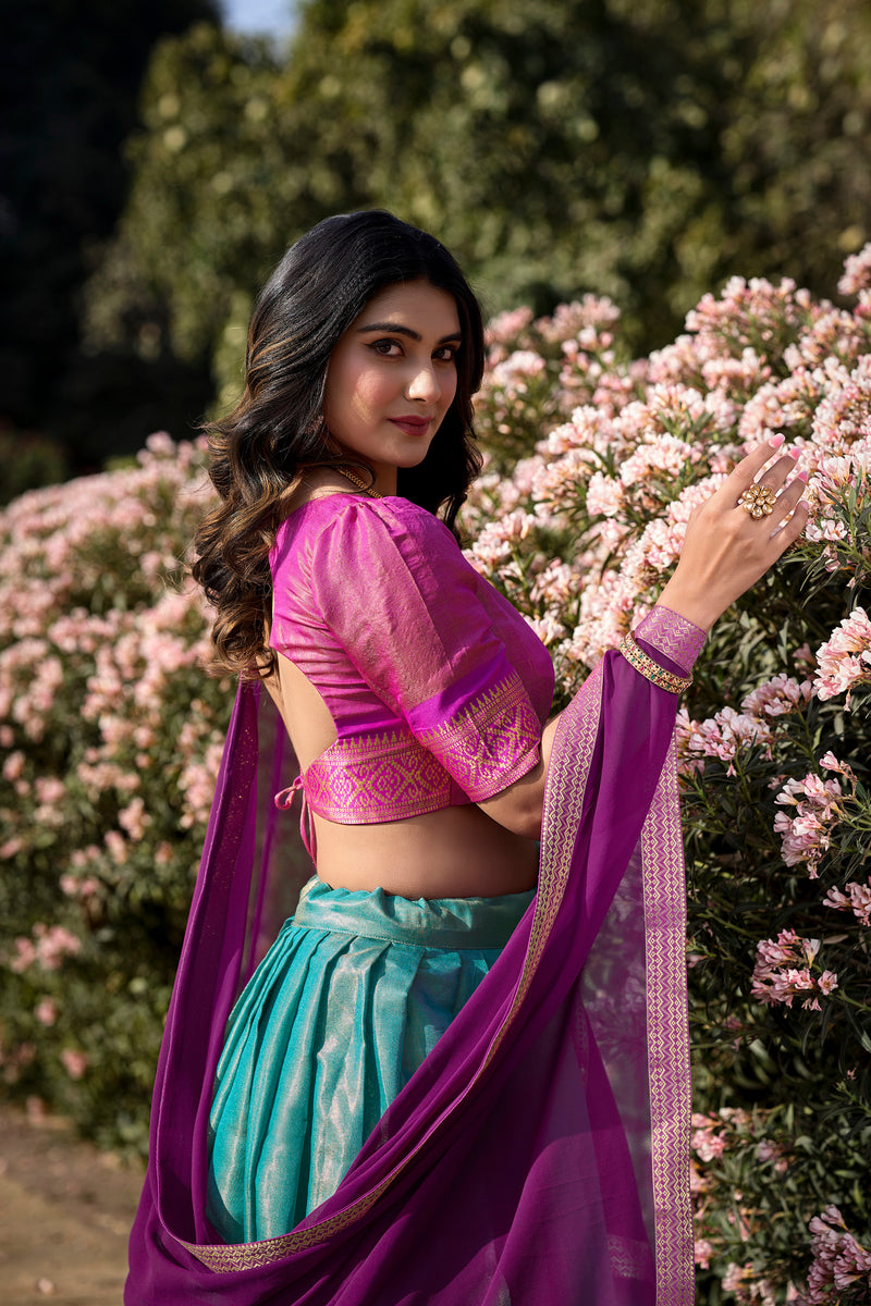 Doli - Kanchipuram Zari Weaving Work Sky Blue Lehenga Choli Set - JMS Studio
